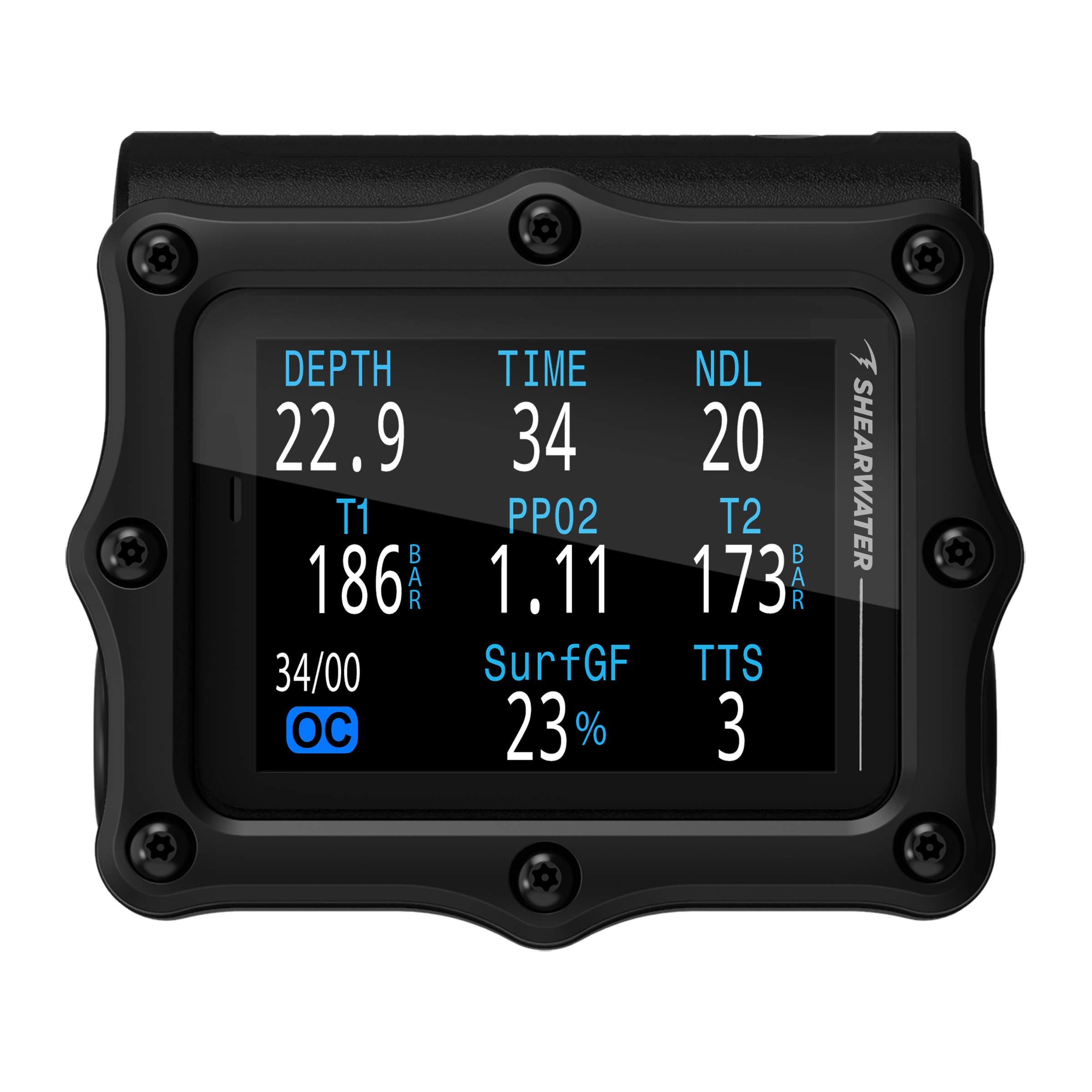 Pantalla AMOLED de la Shearwater Perdix 3 para buceo técnico