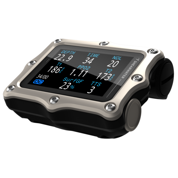 13501-02 Perdix 3 Silver Left Angle TEC BAR Depth 22.9 Shearwater Perdix 3 computadora de buceo con pantalla AMOLED